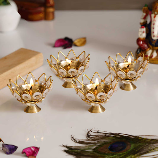 Lotus Crystal Tea Light Holder Set of 4 – Decorative Candle Holders by eCraftIndia